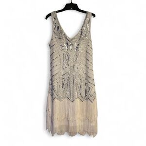 Ivory Beaded Fringe Midi Dress - art Deco